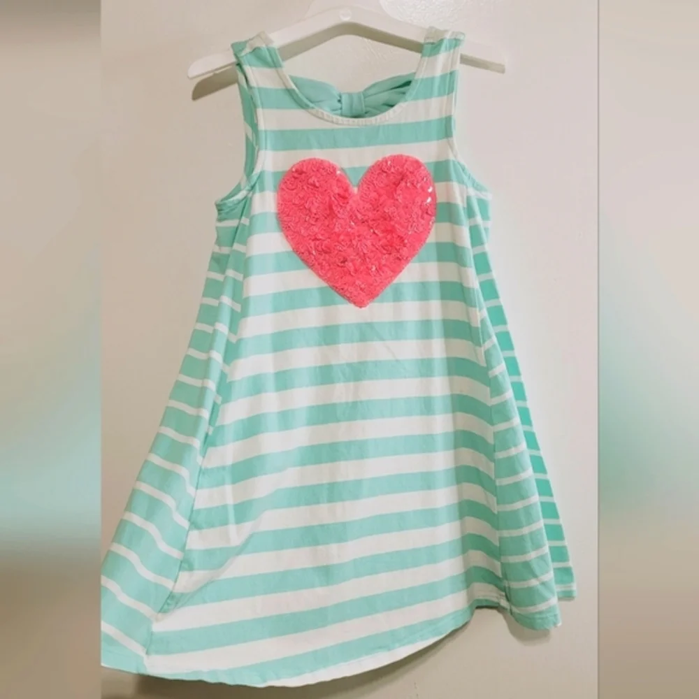 Tommy Bahama Mint Green Striped Dress with Pink Heart Sequins Accent Size S 5/6 - Picture 2 of 10